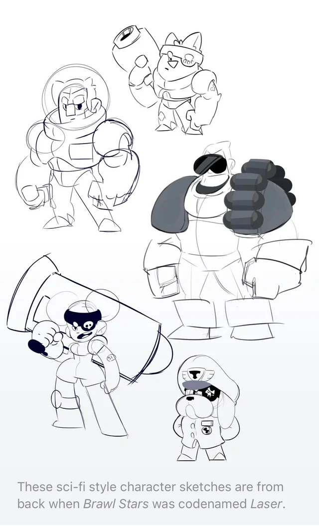 Concept art of scrapped characters. Drawn by Paul, the official concept artist for Brawl Stars (@pawchaw on twitter), Interestingly, the soldier dog is a brawler called Colonel Ruffs now.