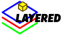 Three rotated squares on top of another, each with a color from red, green and blue, with a cube on top of the text saying "LAYERED".
